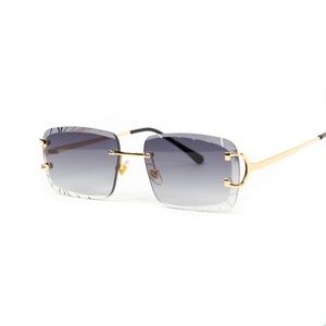 Luxury Rectangle Gem Cut Purple Tint Mens Gold Frame Hip Hop Rimless Sunglasses